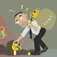 Przepracowany mężczyzna dźwiga worek z napisem "DEBT". Monety z zębami pożerają pieniądze, symbolizując problemy finansowe i skargę pauliańską.