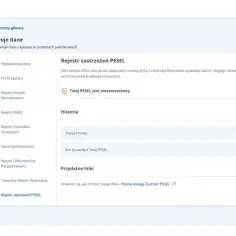 Gdzie można zastrzec PESEL? Na stronie "Twoje dane" w mObywatel znajdziesz opcję "Rejestr zastrzeżeń PESEL", gdzie możesz zabezpieczyć swój numer.