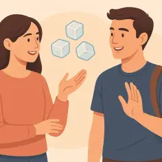 Para przełamuje lody, prowadząc swobodną rozmowę. Trzy kostki lodu unoszą się między nimi, symbolizując small talk.