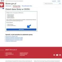 Okno z informacją o zmianie danych firmy w CEIDG, przyciskiem "Rozpocznij" i niebieską strzałką.