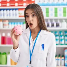 Farmaceutka z zaskoczoną miną trzyma skarbonkę, zastanawiając się, ile zarabia farmaceuta.