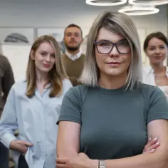 Zespół specjalistów ds. kadr i płac, z liderką w okularach na pierwszym planie, gotowy do pracy.
