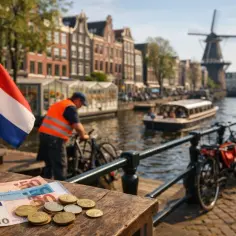 Praca w Holandii z zakwaterowaniem: pieniądze, holenderska flaga i kanał w Amsterdamie.