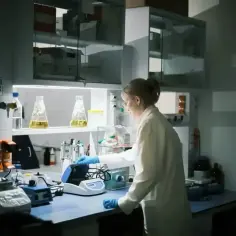 Młody technik analityk w białej kurtce laboratoryjnej pracuje przy sprzęcie, analizując próbki.