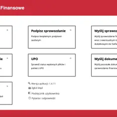 Panel e-Sprawozdań Finansowych. Opcje obejmują tworzenie, wczytywanie, podpisywanie sprawozdań finansowych, wysyłanie dokumentów i UPO.
