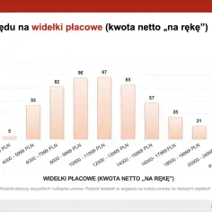 Wykres słupkowy pokazuje podział zarobków netto „na rękę” wśród ankietowanych. Najwięcej osób zarabia 8-9,9 tys. zł (97), a najmniej 0-1,9 tys. zł (0). Dane te są kluczowe dla business development managera.