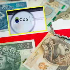 Polskie banknoty i mapa Polski z flagą. Widoczny ekran z logo GUS, symbolizujący dane o średniej krajowej.