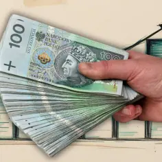 Dłoń trzyma stos banknotów 100 zł na tle wykresu wzrostu. Czy to zapowiedź wyższego średniego wynagrodzenia?