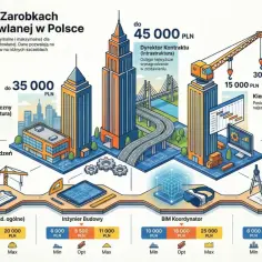Kierownik budowy zarobki: od 12 000 do 20 000 PLN. Grafika porównuje zarobki w branży budowlanej.