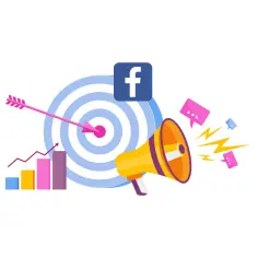 Grafika przedstawia cel, strzałkę, wykres, megafon i ikonę Facebooka, symbolizując skuteczne działania marketingowe na fanpage.