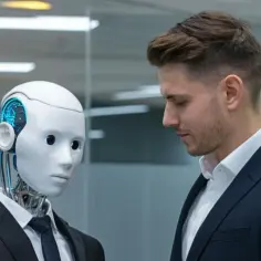 Mężczyzna w garniturze rozmawia z robotem. To obraz przyszłości, gdzie ludzie i sztuczna inteligencja współpracują w zawodach.