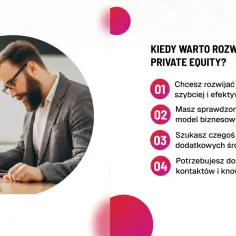 Mężczyzna z brodą i okularami pracuje nad tabletem. Obok lista powodów, dla których warto rozważyć **private equity**: rozwój firmy, sprawdzony model biznesowy, wsparcie finansowe i kontakty.
