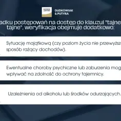 Weryfikacja dostępu do klauzul tajnych obejmuje sytuację majątkową, zdrowie psychiczne i uzależnienia, co jest kluczowe dla poświadczenia bezpieczeństwa.