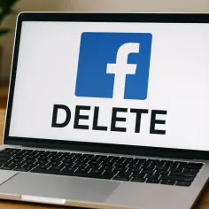 Laptop z logo Facebook i napisem DELETE. Chcesz wiedzieć, jak dezaktywować konto na FB?