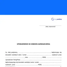 Formularz upoważnienia do odbioru zaświadczenia, z polami do wypełnienia danych osobowych i numeru PESEL.