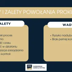 Wady i zalety powołania prokurenta: łatwy proces, oszczędność czasu, elastyczność, profesjonalizacja, ale też ryzyko nadużyć i brak pełnej kontroli.