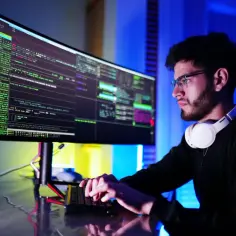 Młody technik programista w okularach, z słuchawkami na szyi, pochyla się nad monitorem z kodem.