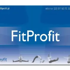 Karta FitProfit z logo i hasłem. Na dole grafiki mężczyźni w pozycjach fitness.