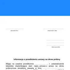 Informacja o przedłużeniu umowy na okres próbny, gdy pracownica jest w ciąży. Dokument dotyczy umowy na czas określony a ciąża.