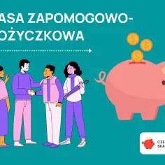 Ludzie zawierają umowę, a obok różowa świnka-skarbonka przyjmuje monety. To symbol kasy zapomogowo-pożyczkowej.