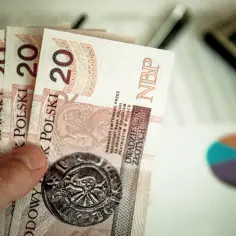 Dłoń trzyma banknoty 20 zł. W tle kalkulator i wykres kołowy. Czy to prognoza stawki godzinowej netto 2026?