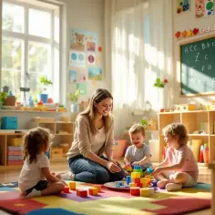 Uśmiechnięta przedszkolanka bawi się klockami z dziećmi. Zastanawiasz się, ile zarabia przedszkolanka?