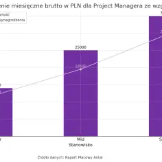 Wykres pokazuje, jak rosną project manager zarobki wraz ze stażem: Junior (12-14 tys. PLN), Mid (19,5-25 tys. PLN), Senior (29,5-35 tys. PLN).