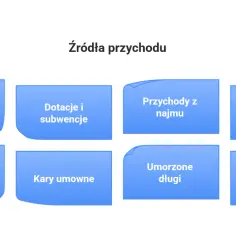 Różne źródła przychodu: sprzedaż towarów, dotacje, najem, zyski ze zbycia, różnice kursowe, kary umowne, umorzone długi i zwroty długów.
