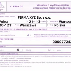 Formularz wniosku o wydanie odpisu z Krajowego Rejestru Sądowego z zaznaczonymi polami.