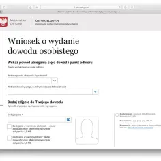 Wniosek o wydanie dowodu osobistego online. Wybierz powód i urząd odbioru, dodaj zdjęcie zgodne z wymogami.