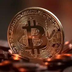 Złota moneta z symbolem Bitcoina na tle innych monet.