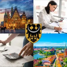 Wrocławski ratusz, herb, kobieta z kalkulatorem, ręce przy laptopie i widok miasta.