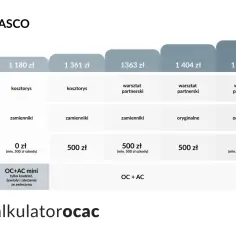 Tabela porównuje oferty ubezpieczeń AUTOCASCO, uwzględniając franszyzę integralną. Różne warianty obejmują koszty naprawy, części i udział własny.
