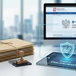 Stos papierów, pieczęć i tablet z napisem "Podpis kwalifikowany ePUAP" obok komputera z systemem e-KRS.