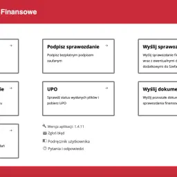 Panel e-Sprawozdań Finansowych. Opcje obejmują tworzenie, wczytywanie, podpisywanie sprawozdań finansowych, wysyłanie dokumentów i UPO.