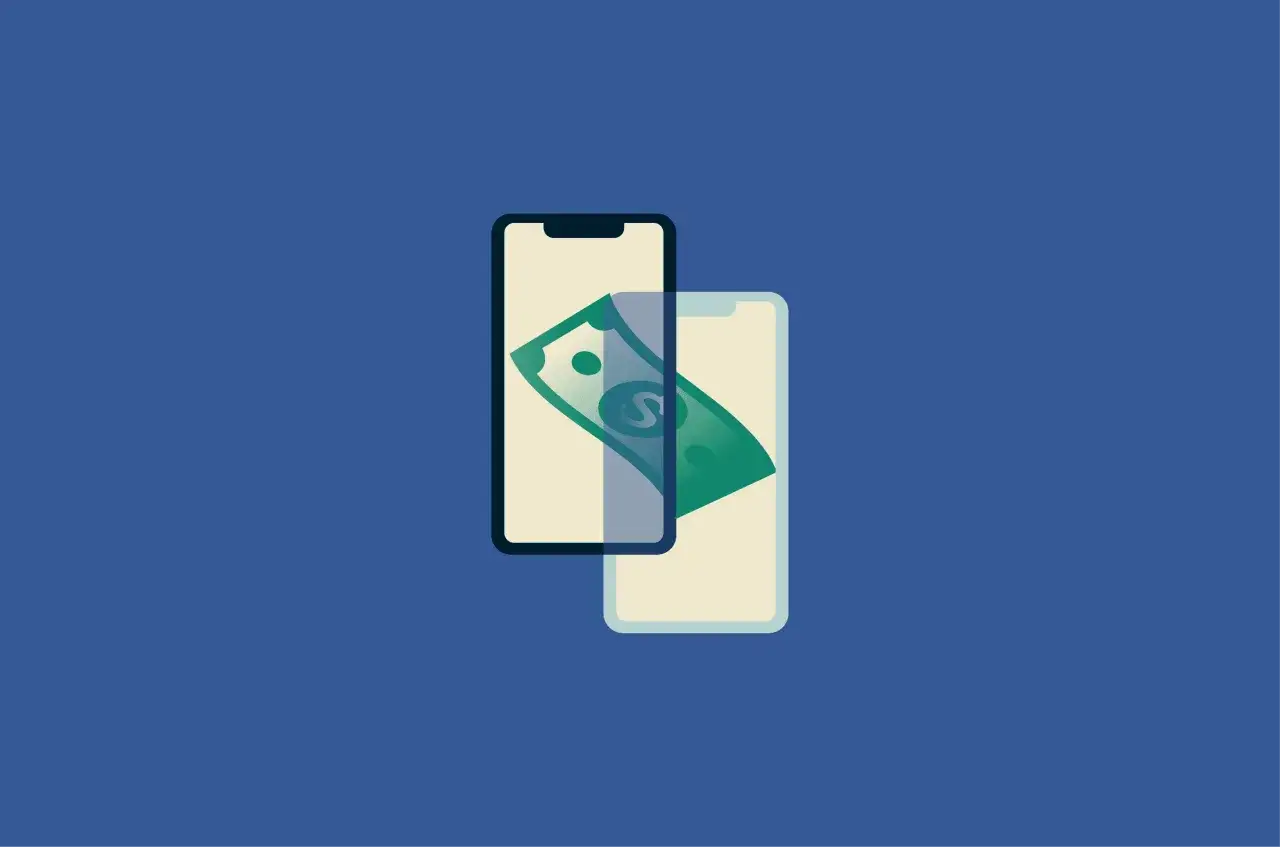 Dwa telefony komórkowe z zielonym banknotem między nimi. Czy PayPal jest bezpieczny?