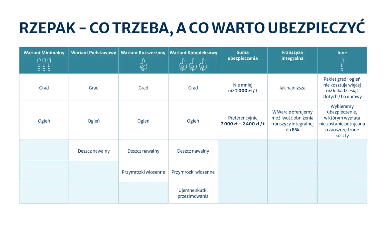 Tabela porównuje warianty ubezpieczenia rzepaku: minimalny, podstawowy, rozszerzony i kompleksowy. Warianty obejmują grad, ogień, deszcz nawalny, przymrozki wiosenne i ujemne skutki przezimowania. Franszyza integralna jest kluczowa dla wyboru.