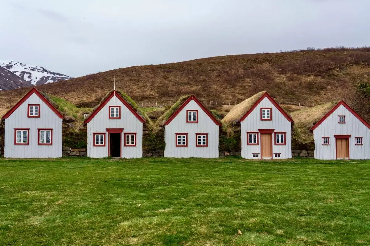 Rząd tradycyjnych domów z Islandii, z zielonymi dachami i białymi ścianami. Idealne miejsce na islandia praca w harmonii z naturą.