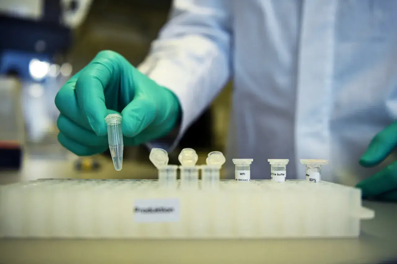 Naukowcy w laboratorium GSK pracują nad nowymi lekami, analizując próbki w probówkach.