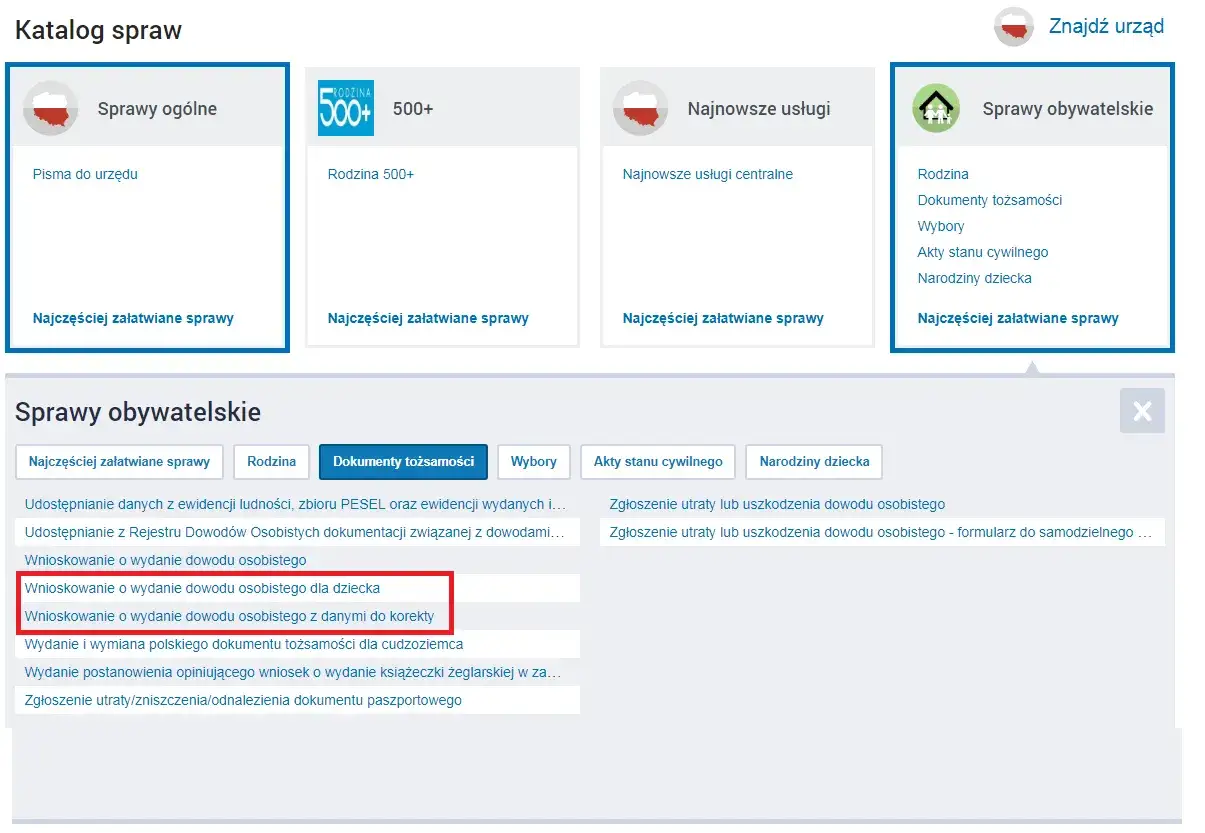 Wniosek o wydanie dowodu osobistego online dla dziecka lub z danymi do korekty.