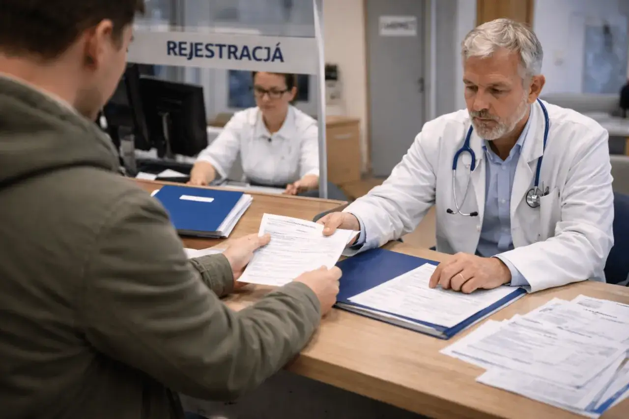 Lekarz przekazuje dokumenty pacjentowi. W tle widać rejestrację i pracującą tam sekretarkę medyczną.