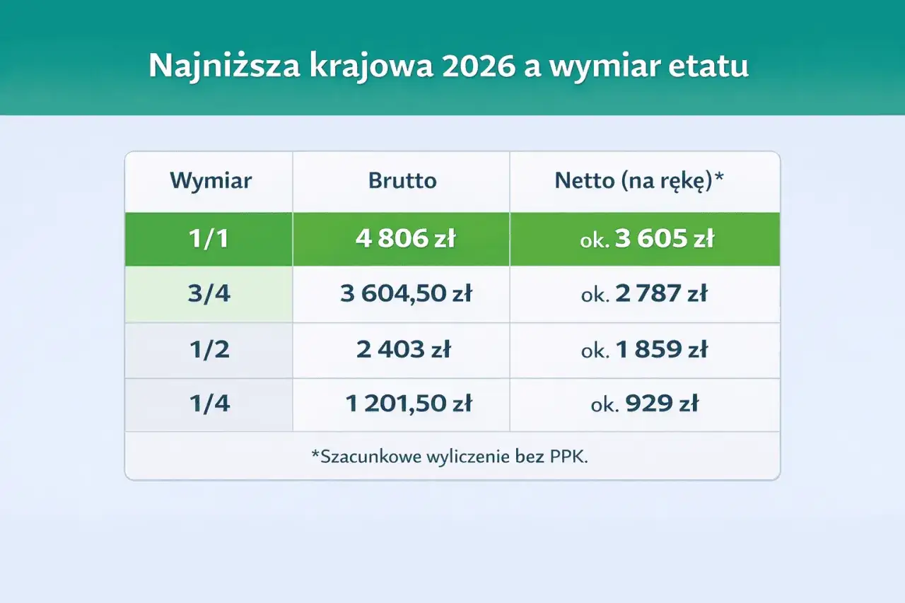 Tabela pokazuje szacunkowe wynagrodzenie minimalne w 2026 roku dla różnych wymiarów etatu: od pełnego (1/1) do ćwierć etatu (1/4), z podziałem na kwoty brutto i netto.