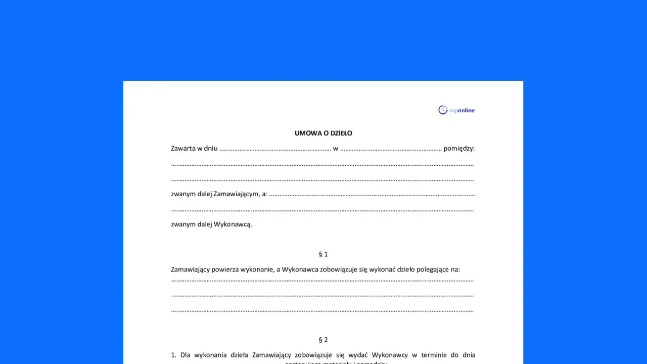 Umowa o dzieło z ustalonym wynagrodzeniem ryczałtowym. Dokument zawiera pola do wypełnienia danych stron i opisu przedmiotu umowy.