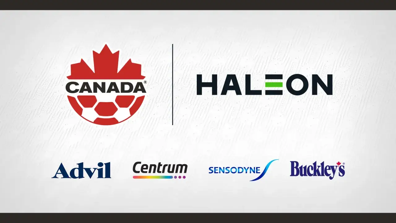 Logo Kanadyjskiej Piłki Nożnej i logo Haleon, obok marek Advil, Centrum, Sensodyne i Buckley's.