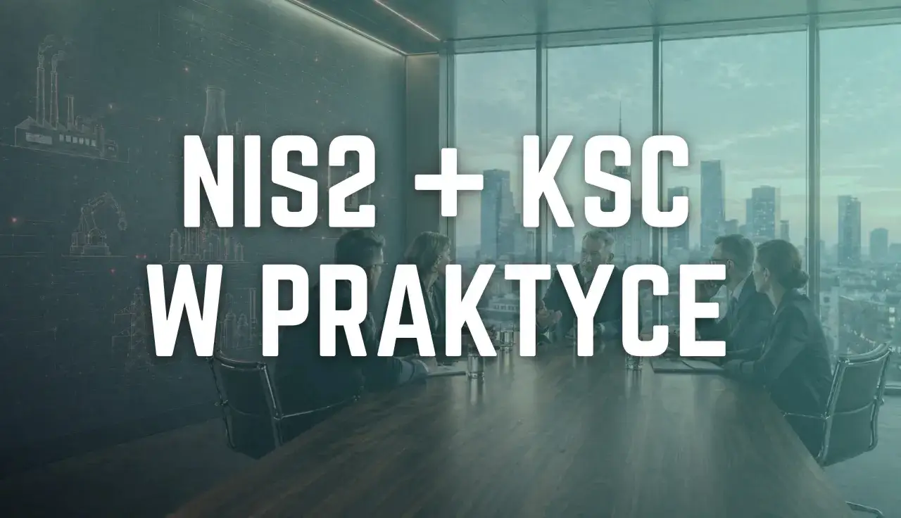 NIS2 + KSC w praktyce: spotkanie biznesowe w sali konferencyjnej z widokiem na miasto.