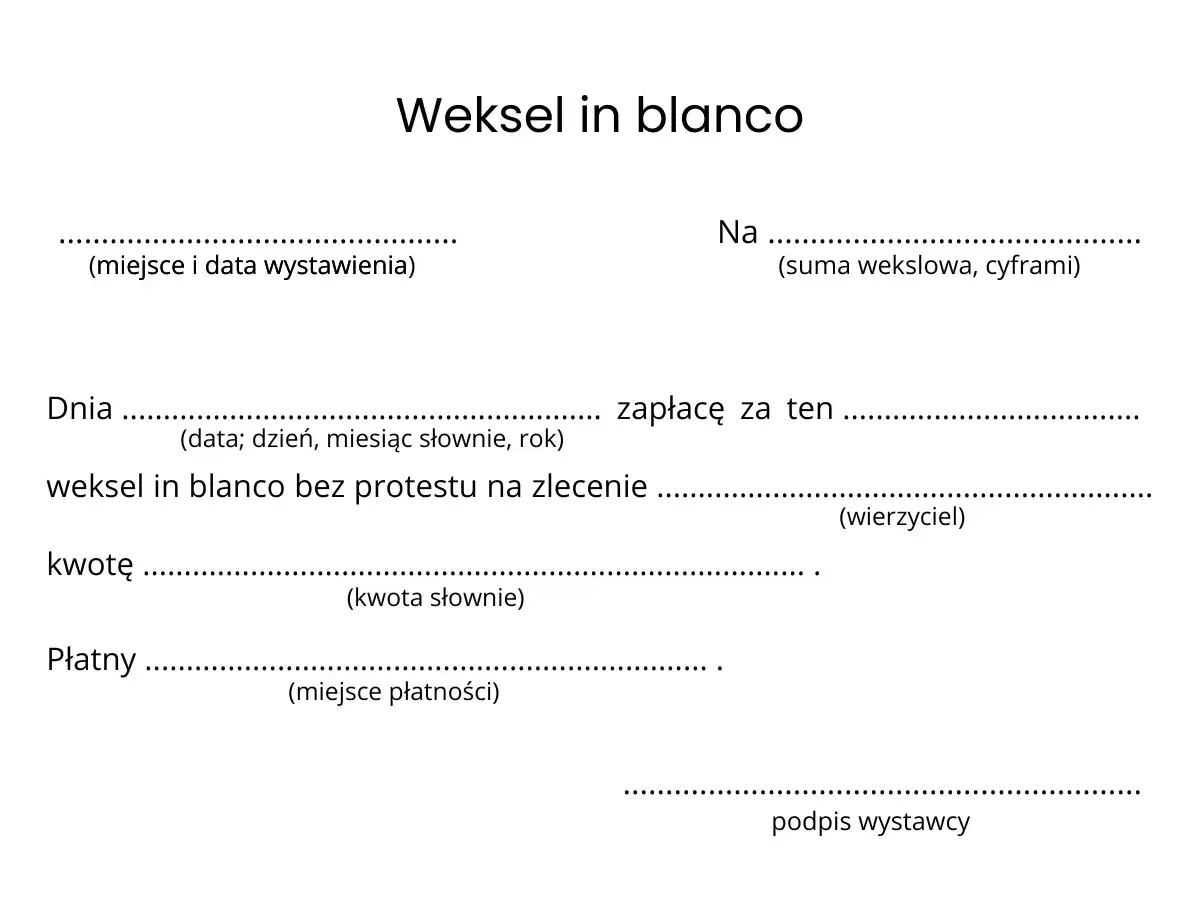 Weksel in blanco do wypełnienia: miejsce, data, kwota, wierzyciel i podpis wystawcy. Dokumenty wekslowe to ważny element transakcji.