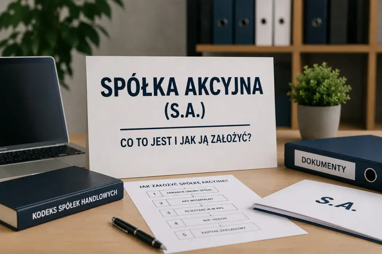 Na biurku leży dokumentacja dotycząca zakładania spółki akcyjnej (S.A.). Widać laptop, kodeks spółek handlowych i schemat procedury.