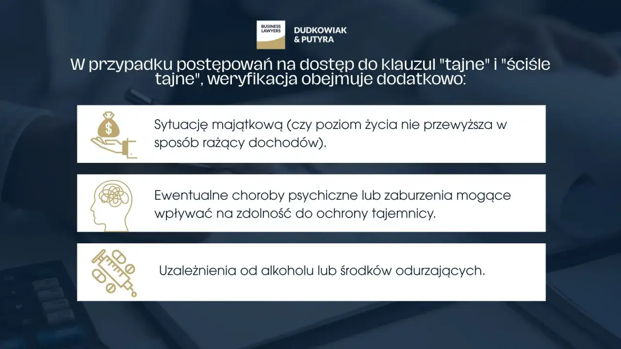 Weryfikacja dostępu do klauzul tajnych obejmuje sytuację majątkową, zdrowie psychiczne i uzależnienia, co jest kluczowe dla poświadczenia bezpieczeństwa.