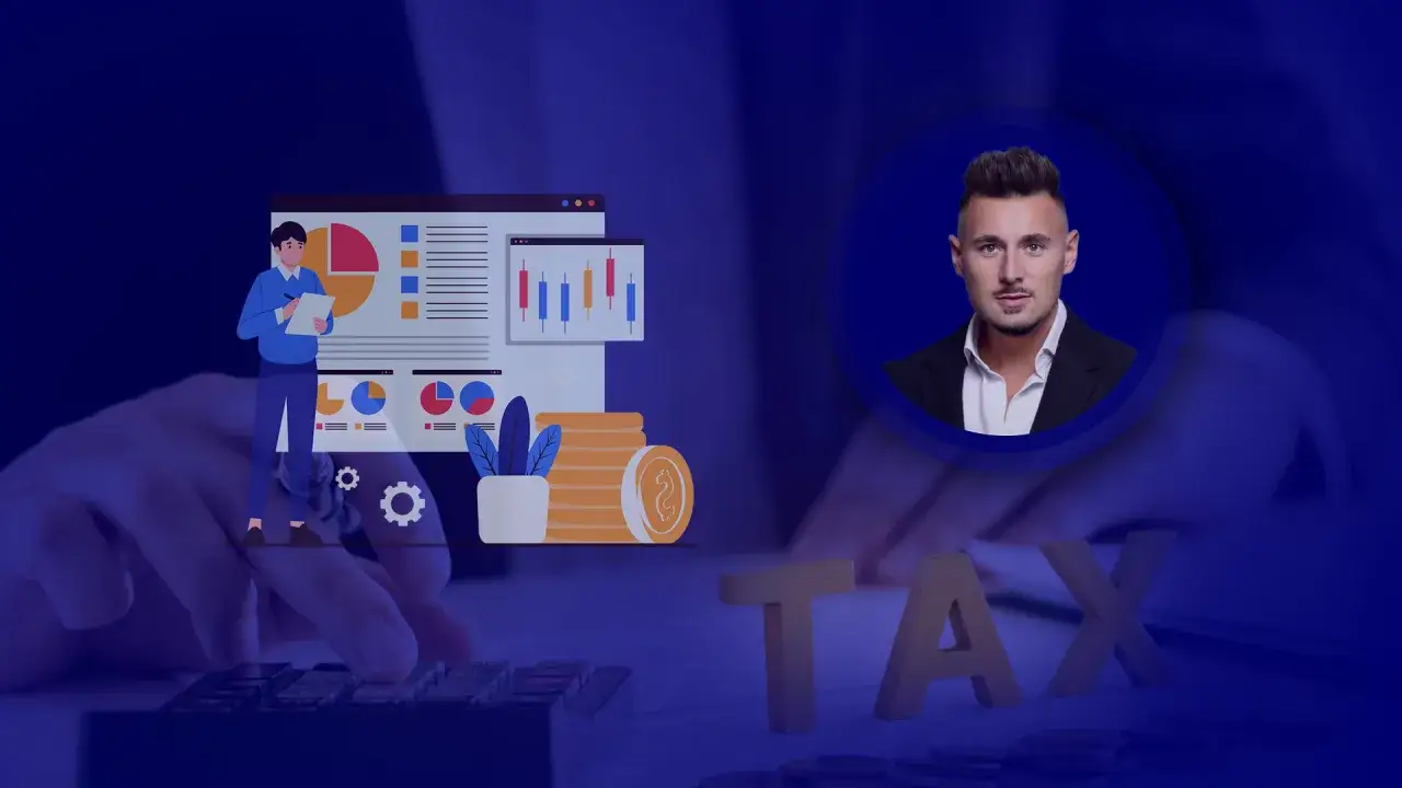 Analiza finansowa i zwolnienie podmiotowe z VAT. Grafika przedstawia analizę danych, stos monet i napis TAX.