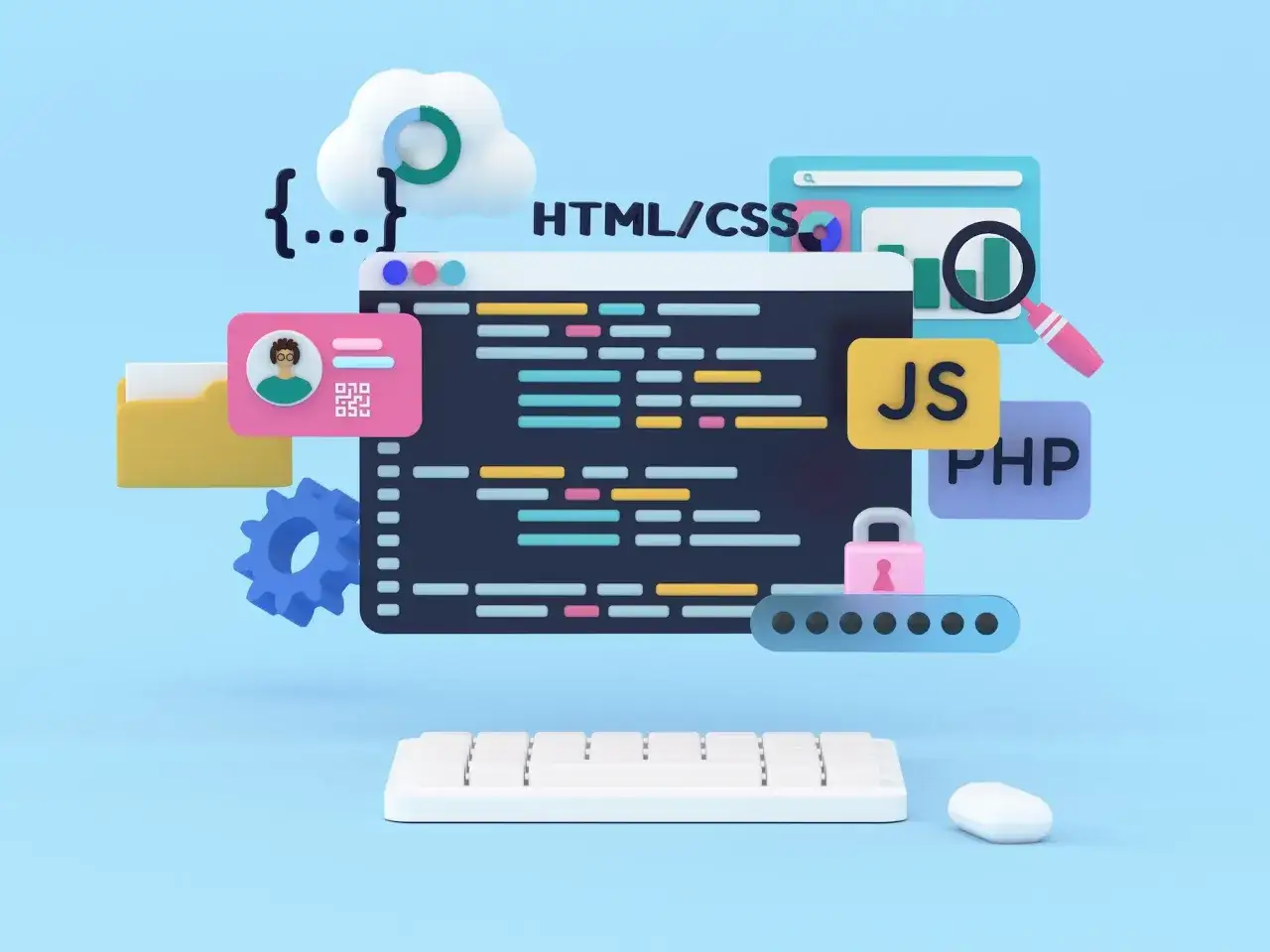 Kodowanie HTML/CSS, JS, PHP. Ikony chmury, folderu, głośnika, gogli, klawiatury i myszy symbolizują pracę front end developera.
